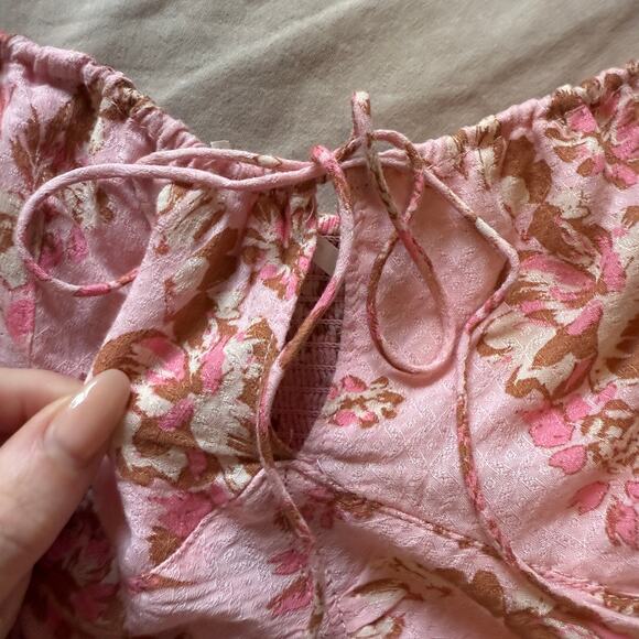 Free People Hilary floral pink Printed Top Pink Combo Boho crew summer /XS - Picture 8 of 10